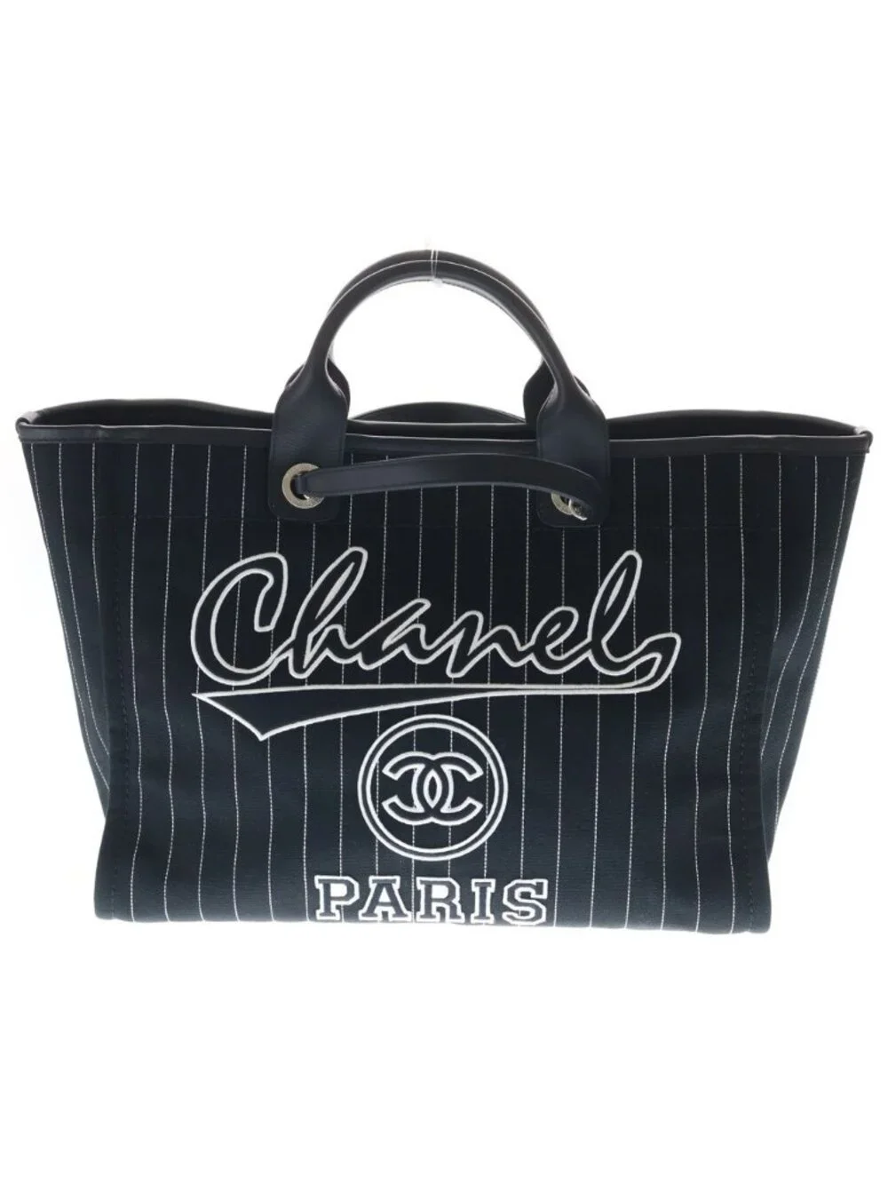 Chanel Deauville GM Canvas Leather Silver 2-Way Chain Tote Plate Black